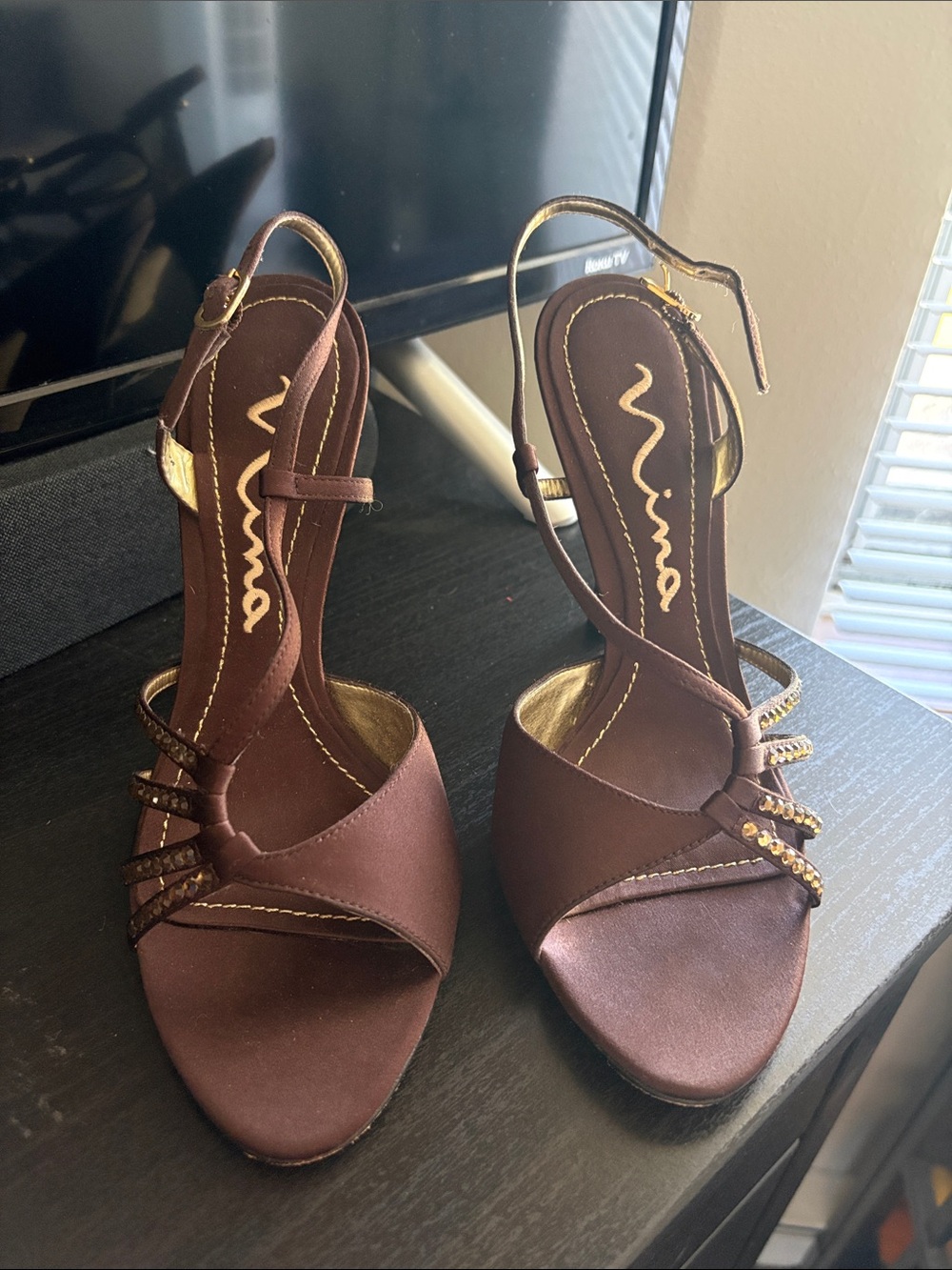 Nina Brown Satin Open-Toe Slingback Heels with Gold Accents